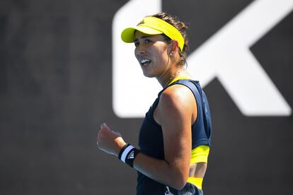 Muguruza celebra su victoria contra Samsonova, este miércoles en Melbourne.