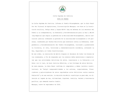 El comunicado de la Suprema Corte de Justicia de Nicaragua.