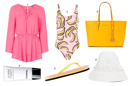 1. Topshop Mono de manga larga con cordón en el escote. 2. Bimba y Lola Bañador estampado. 3. Michael Michael Kors Shopping bag de piel. 4. Chanel CC Cream con SPF 50. 5. Bimba y Lola Chanclas bicolor. 6. Acne Studios Sombrero de loneta.