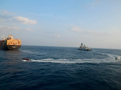 This photograph shared by Indian navy on the X platform shows a firefighting team from Indian Navy vessel INS Kolkata responding to a fire on Liberian-flagged Merchant ship MSC Sky II caused due to a suspected drone/missile attack in the Gulf of Aden, Tuesday, March 5, 2024.