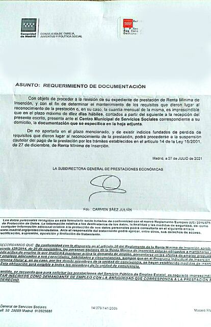 Carta enviada el 27 de julio por la Comunidad de Madrid a una familia beneficiaria de la RMI que ha solicitado el IMV siguiendo las instrucciones dadas. Fuente: Plataforma RMI Tu Derecho 