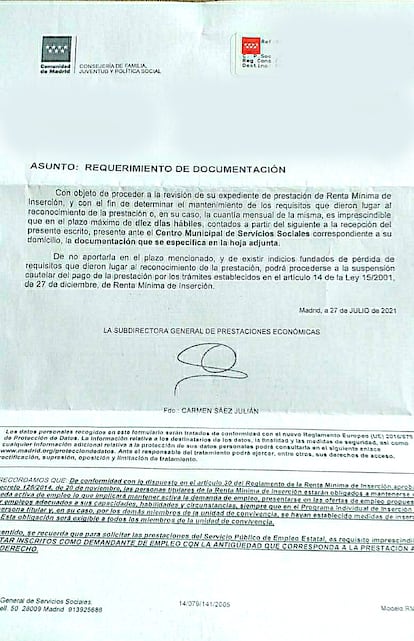 Carta enviada el 27 de julio por la Comunidad de Madrid a una familia beneficiaria de la RMI que ha solicitado el IMV siguiendo las instrucciones dadas. Fuente: Plataforma RMI Tu Derecho