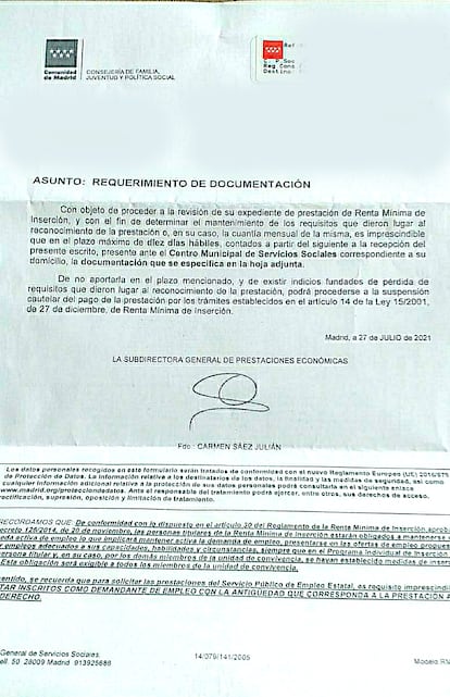 Carta enviada el 27 de julio por la Comunidad de Madrid a una familia beneficiaria de la RMI que ha solicitado el IMV siguiendo las instrucciones dadas. Fuente: Plataforma RMI Tu Derecho 