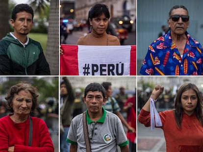 De izquierda a derecha y de arriba a abajo, los manifestantes peruanos Johny Arce, Lizzy Díaz, Walter Velázquez, María Cornejo, Emiliano Yaranga y Florinda Taipe,