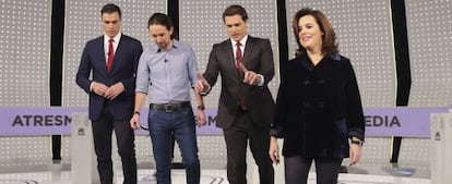 Sánchez, Iglesias, Rivera y Sáenz de Santamaría antes del debate del pasado lunes.