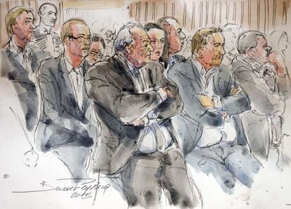 Strauss Kahn e outros acusados em desenho realizado no julgamento.