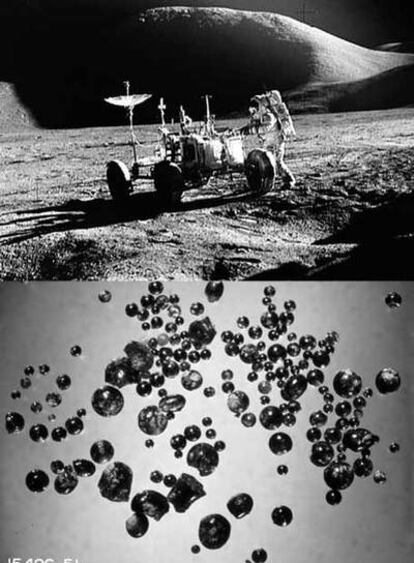 El astronauta John W. Young <i>(Apolo 15)</i> en la Luna (arriba) y cristales de las muestras lunares que contienen agua.