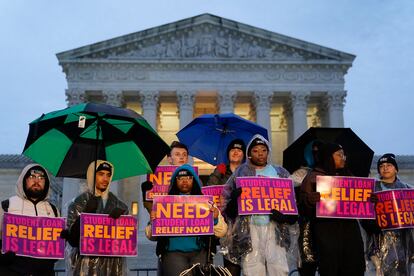 Student debt relief advocates gather outside the Supreme Court on Capitol Hill in Washington, Monday, Feb. 27, 2023, ahead of arguments over President Joe Biden's student debt relief plan.