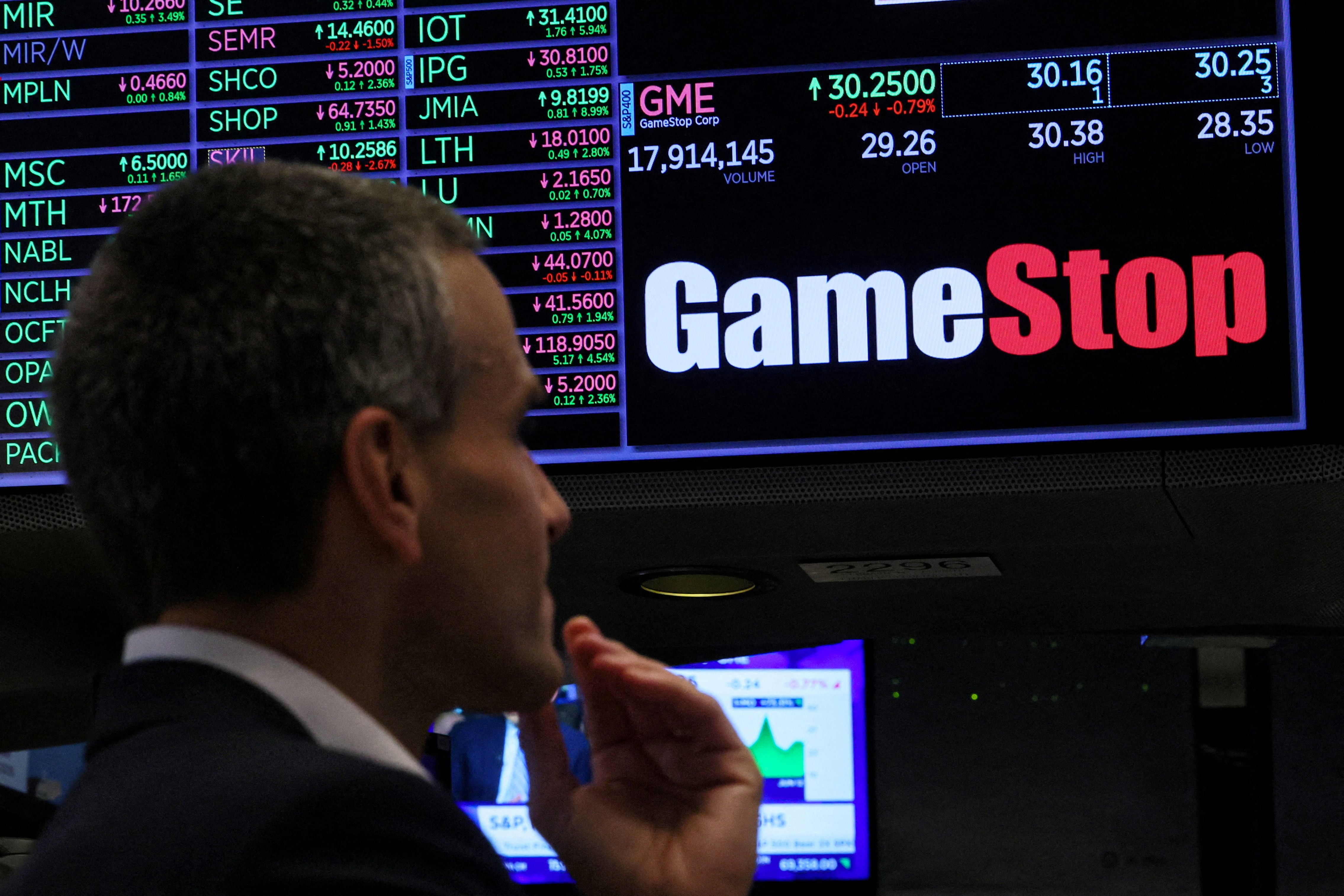 Panel de GameStop en la Bolsa de Nueva York, en 2024.