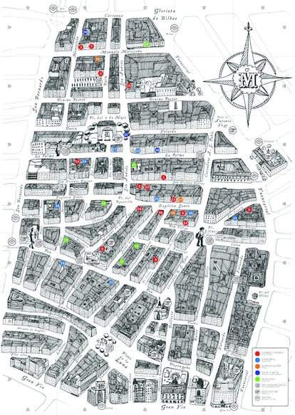 Mapa de Malasaña ilustrado por la artista Raquel Angulo.