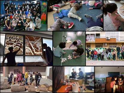 Actividades de arte y educación en el colegio República de Chile de Madrid, el Santa Teresa de Valencia, el instituto Cartima de Cártama (Málaga); una actividad de Antropoloops en Sevilla (esta imagen la firma Concha Laverán), de Korikoko en Boadilla del Monte (Madrid), y de LÓVA en el colegio de Torremocha de Jarama (Madrid).