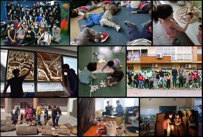 Actividades de arte y educación en el colegio República de Chile de Madrid, el Santa Teresa de Valencia, el instituto Cartima de Cártama (Málaga); una actividad de Antropoloops en Sevilla (esta imagen la firma Concha Laverán), de Korikoko en Boadilla del Monte (Madrid), y de LÓVA en el colegio de Torremocha de Jarama (Madrid).