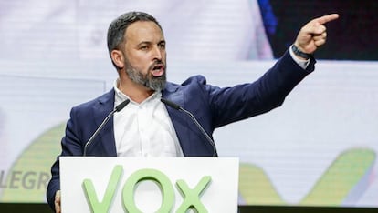 El presidente de Vox, Santiago Abascal, en el acto central de la Asamblea General Ordinaria del partido este domingo en Madrid.