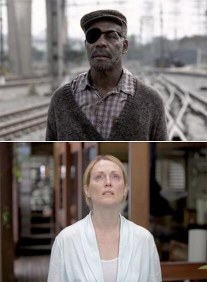 Arriba, Danny Glover y Julianne Moore, en dos escenas de <i>A ciegas</i>, la adaptación cinematográfica de la novela <i>Ensayo sobre la ceguera</i>.