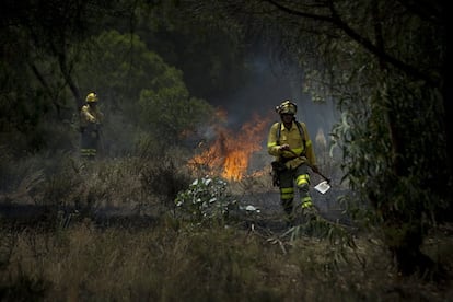 Miembros del Infoca trabajan en el incendio.