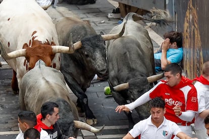 Llegada de los astados de José Escolar a la curva de Mercaderes, este sábado en Pamplona.  
