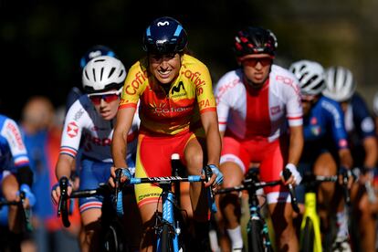 Mavi García, con el maillot español, en el Mundial de 2019 en Inglaterra.