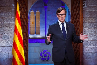 El president Salvador Illa, durante el discurso de la Diada que se emite este 10 de septiembre de 2025.