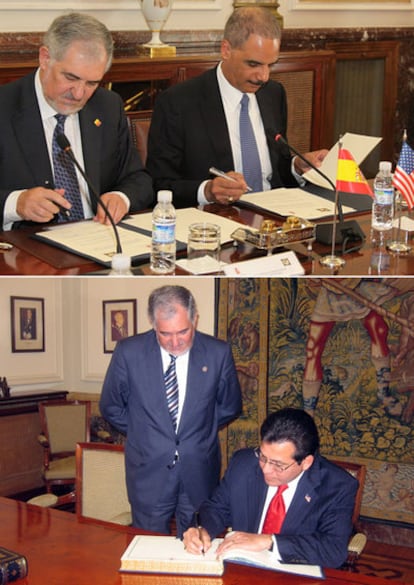 El fiscal del Estado, Cándido Conde-Pumpido, con sus homólogos americanos Eric Holder y Alberto González.