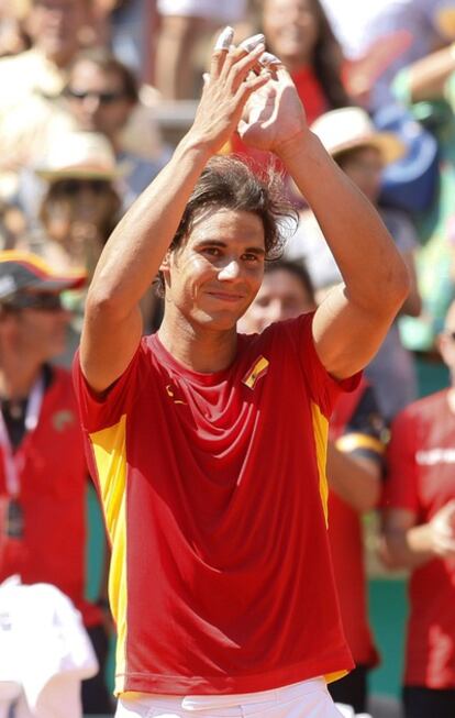 Nadal celebra su victoria ante Tsonga.