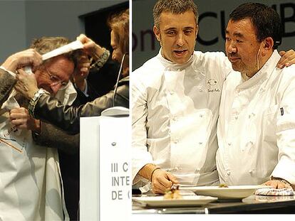 A Rafael Moneo le costó ponerse el delantal. A la derecha, el japonés Tetsuya Wakuda con Sergi Arola de ayudante.