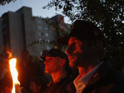 Simpatizantes de Jobbik durante una manifestaci&oacute;n en Miskolc. 
