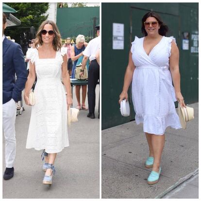 Pippa Middleton, la hermana de la duquesa de Cambridge, también ha sido copiada por Sturino. Aquí, ambas en un partido de tenis con un vestido blanco de algodón, alpargatas y sombrero.