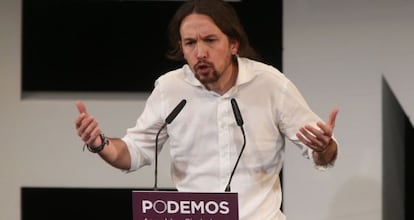 El l&iacute;der de Podemos, Pablo Iglesias, durante una Asamblea Ciudadana.