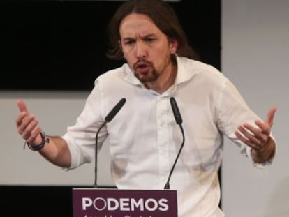 El l&iacute;der de Podemos, Pablo Iglesias, durante una Asamblea Ciudadana.