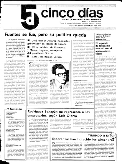 Primera portada de Cinco Días, Álvarez Rendueles era nombrado Gobernador del Banco de España.