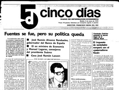 Primera portada de Cinco Días, Álvarez Rendueles era nombrado Gobernador del Banco de España.