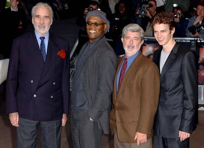 Christopher Lee, Samuel L. Jackson, George Lucas and Hayden Christensen at the premiere of 'Attack of the Clones' in London in 2002.