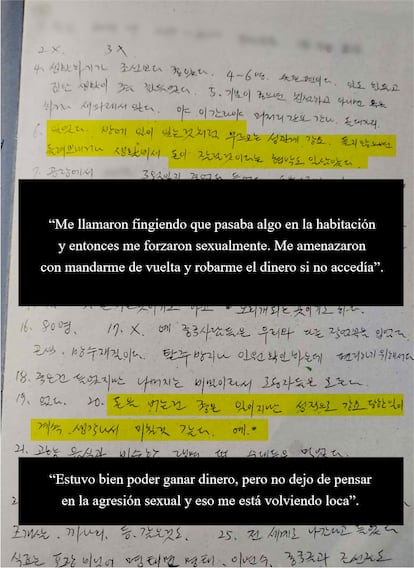 Notas de las entrevistas a mujeres norcoreanas sobre su experiencia en factorías chinas.