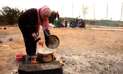 Syrian refugees at a temporary holding center in Melilla.