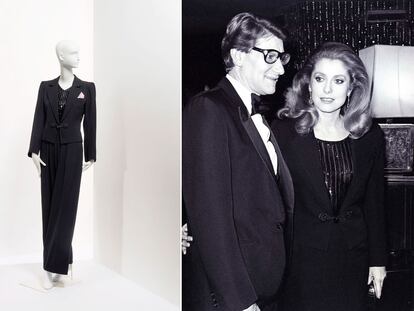 En todas las ocasiones

Yves Saint Laurent vistió a Catherine Deneuve sobre la alfombra roja, pero también en su día a día y en muchas películas: "Creó vestuario para varios de mis filmes, Belle de Jour está en deuda con él". También realizó diseños para que acudiera a sus desfiles y celebraciones, como este esmoquin de lana negra de alta costura de 1982, con el que ella le acompañó en el homenaje del 20 aniversario de la maison y por el que se puede pujar en la subasta que organiza Christie's en París.