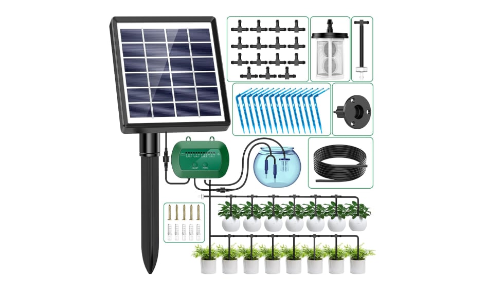 Vista frontal del kit de riego solar por goteo.