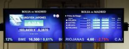En la imagen, pantallas en la Bolsa de Madrid, con la evolución de la prima de riesgo. EFE/Archivo