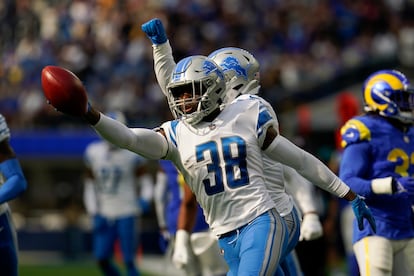 Detroit Lions defensive back C.J. Moore (38), on special teams, reacts after running out of bounds on a fake punt during the second half of an NFL football game against the Los Angeles Rams Sunday, Oct. 24, 2021