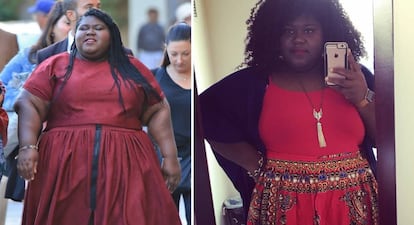 Gabourey Sidibe, a la izquierda en marzo de 2016 y a la derecha 3 de febrero de 2017.