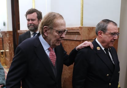 Ramon Tamames durante la segunda jornada de la moción de censura de Vox, en el Congreso de los Diputados, este miércoles en Madrid.