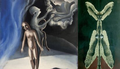 'Alma que huye de un sueño', d’Ángeles Santos, 'Mujer o el espíritu de la noche', de Remedios Varo, a la dreta.