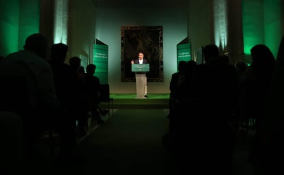 El líder de Vox, Santiago Abascal, durante el acto celebrado en la fundación Carlos de Amberes. 