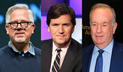 Glenn Beck, left, Tucker Carlson, center, and Bill O'Reilly