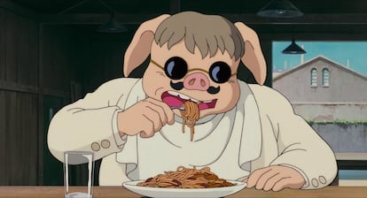 Porco Rosso, eating spaghetti.