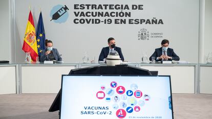 Pedro Snchez, Pablo Iglesias y Salvador Illa, el lunes en la reunin del Comit de Seguimiento del Coronavirus y estudio de los proyectos de vacunas.