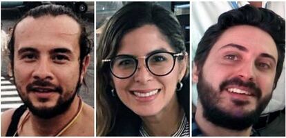 Fotografía de archivo de los tres periodistas de la Agencia EFE detenidos en Caracas, la colombiana Mauren Barriga (c); el fotógrafo Leonardo Muñoz (izda), y el español Gonzalo Domínguez.