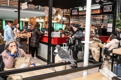 Una paloma posada entre las mesas de la cafetería Enrique Tomás, en la estación de Atocha de Madrid.