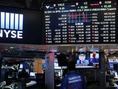 Janet Yellen, presidenta de la Fed, en una pantalla de la Bolsa de Nueva York.