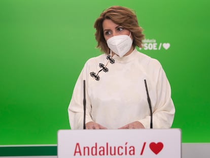 La secretaria general del PSOE-A, Susana Díaz, comparece en rueda de prensa. En Sevilla (Andalucía, España), a 15 de enero de 2021.
15 ENERO 2021
María José López / Europa Press
15/01/2021