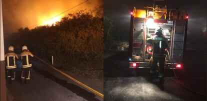 Los bomberos y voluntarios de Protección Civil tratan de controlar las llamas en el incendio de tarajales.